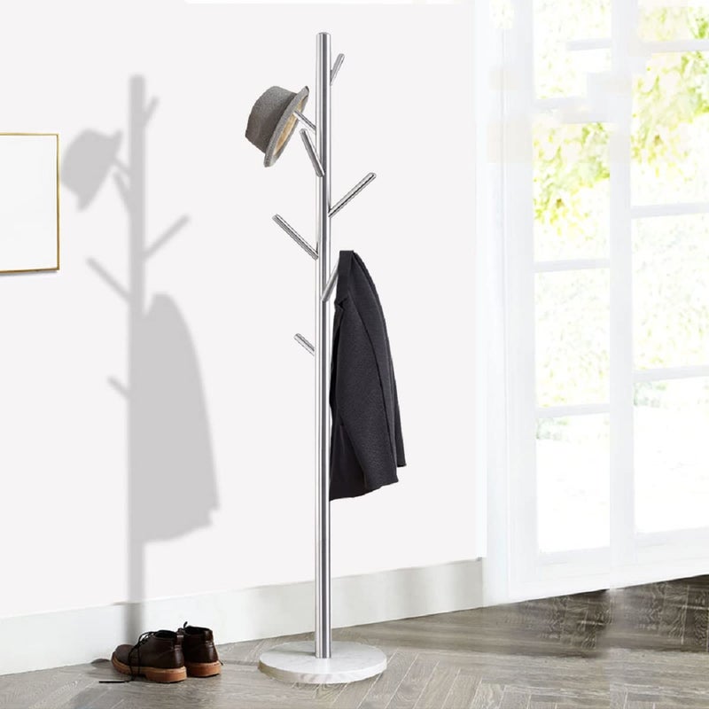 Jolitac Metal Coat Rack Stand Satin Steel Finish Stable Marble Base, High-Grade with Hooks Metal Tree Hat & Coat Hanger Floor Free Standing Wall Bedroom Easy Assembly (Satin Steel) - Image 2